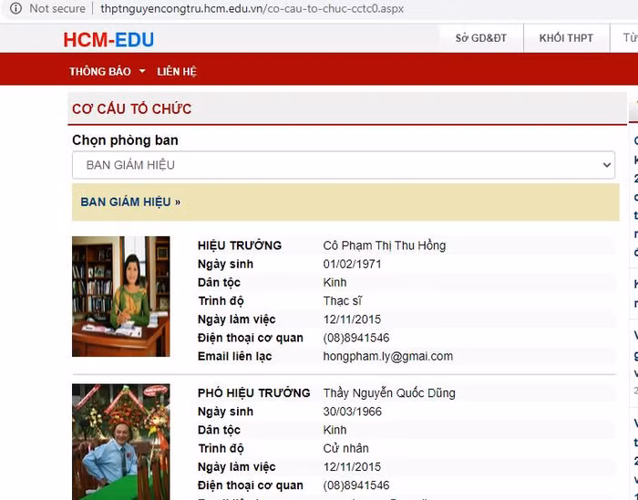 Ảnh chụp màn hình website trường Trung học phổ thông Nguyễn Công Trứ, phần giới thiệu ban giám hiệu. Ảnh chỉ mang tính chất minh họa.