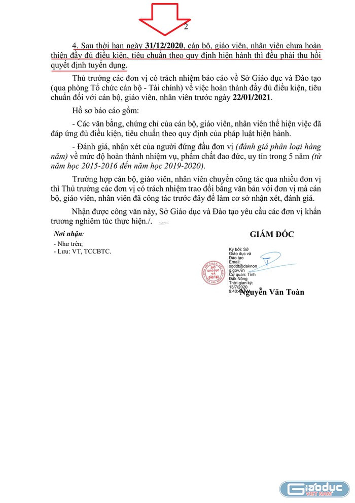 Ảnh chụp trang cuối công văn 909/SGDĐT-TCCBTC, ngày 13/7/2020 của Sở Giáo dục và Đào tạo Đắk Nông mà nhiều giáo viên nhận được qua email lãnh đạo nhà trường chuyển, ảnh do thầy cô cung cấp. Ảnh chụp trang cuối công văn 909/SGDĐT-TCCBTC, ngày 13/7/2020 của Sở Giáo dục và Đào tạo Đắk Nông mà nhiều giáo viên nhận được qua email lãnh đạo nhà trường chuyển, ảnh do thầy cô cung cấp.