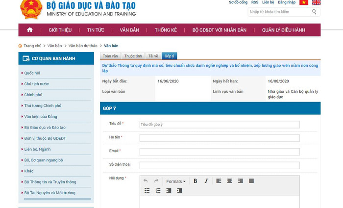 Ảnh chụp màn hình phần góp ý cho dự thảo thông tư trên cổng thông tin điện tử của Bộ Giáo dục và Đào tạo. Ảnh chụp màn hình phần góp ý cho dự thảo thông tư trên cổng thông tin điện tử của Bộ Giáo dục và Đào tạo.