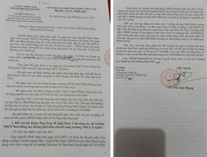 Văn bản trả lời giáo viên Nguyễn Hoài Nam của Ủy ban nhân dân thành phố Hải Dương cũng do ông Vũ Tiến Phụng ký hoàn toàn không nhắc đến văn bản 3491/QĐ-UBND cũng do chính ông đã ký trước đó. Chức danh nghề nghiệp của giáo viên Nguyễn Hoài Nam trong văn bản này là Họa - Đoàn đội. Ảnh: LC
