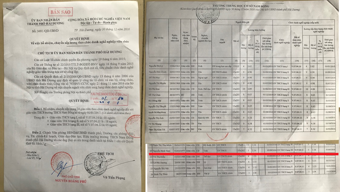 Văn bản bổ nhiệm, chuyển lương theo chức danh nghề nghiệp viên chức do ông Vũ Tiến Phụng ký ngày 30 tháng 12 năm 2016. Ảnh: LC
