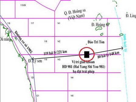 Vị trí dàn khoan HD 981 Trung Quốc đang nhăm nhe cắm chân nằm hoàn toàn trong vùng đặc quyền kinh tế, thềm lục địa của Việt Nam. Vị trí dàn khoan HD 981 Trung Quốc đang nhăm nhe cắm chân nằm hoàn toàn trong vùng đặc quyền kinh tế, thềm lục địa của Việt Nam.