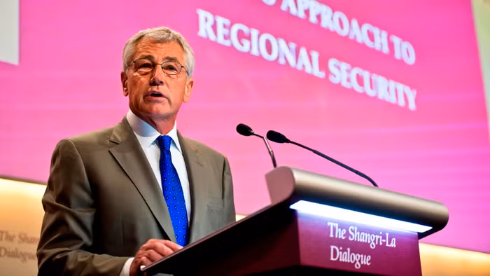 Bộ trưởng Quốc phòng Mỹ Chuck Hage phát biểu tại Đối thoại Shangri-la năm ngoái. Ảnh: The Interpreter. Bộ trưởng Quốc phòng Mỹ Chuck Hage phát biểu tại Đối thoại Shangri-la năm ngoái. Ảnh: The Interpreter.