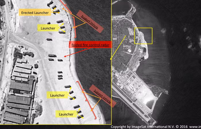 Ảnh chụp đảo Phú Lâm từ vệ tinh ngày 14/2/2016 cho thấy hàng loạt hệ thống tên lửa đã được Trung Quốc triển khai trái phép. Ảnh: TASS.