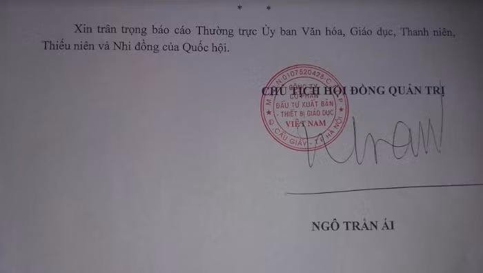 Ảnh chụp một phần trang cuối công văn số 09/CV-VEPIC của Công ty Cổ phần đầu tư xuất bản - thiết bị giáo dục Việt Nam gửi Ủy ban Văn hóa, Giáo dục, Thanh niên, Thiếu niên và Nhi đồng của Quốc hội, do VEPIC cung cấp.