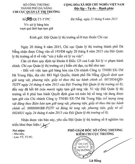 Văn bản về việc xử lý hàng hóa vượt quá thời hạn tạm giữ.