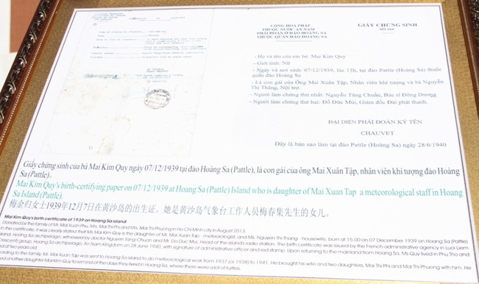 Giấy khai sinh của bà Mai Kim Quy sinh ra ở Hoàng Sa do cơ quan hành chính Pháp đặt tại Hoàng Sa cấp năm 1940.