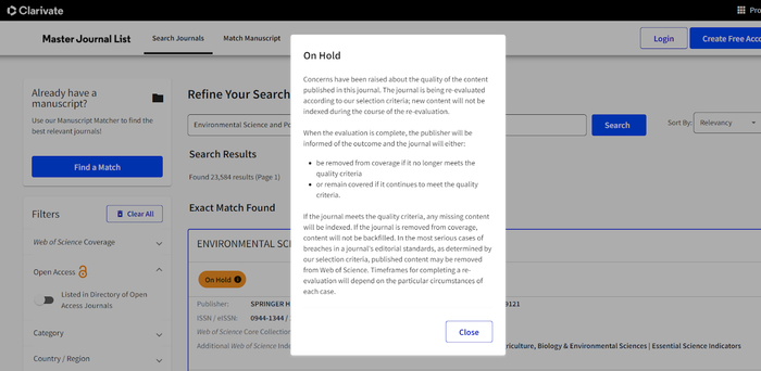 Thông tin về tạp chí Environmental Science and Pollution Research trên Clarivate Analytics. Ảnh chụp màn hình Thông tin về tạp chí Environmental Science and Pollution Research trên Clarivate Analytics. Ảnh chụp màn hình