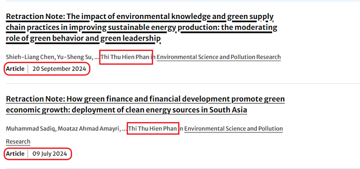 Tác giả Phan Thị Thu Hiền có một số bài báo bị Tạp chí Environmental Science and Pollution rút bài. Ảnh chụp màn hình pth.png