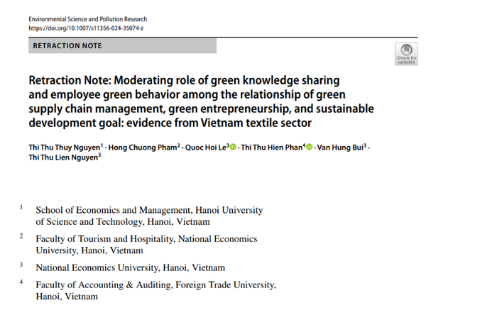 Thông tin nhóm tác giả thực hiện bài báo khoa học “Moderating role of green knowledge sharing and employee green behavior among the relationship of green supply chain management, green entrepreneurship, and sustainable development goal: evidence from Vietnam textile sector”. Ảnh chụp màn hình Thông tin nhóm tác giả thực hiện bài báo khoa học “Moderating role of green knowledge sharing and employee green behavior among the relationship of green supply chain management, green entrepreneurship, and sustainable development goal: evidence from Vietnam textile sector”. Ảnh chụp màn hình