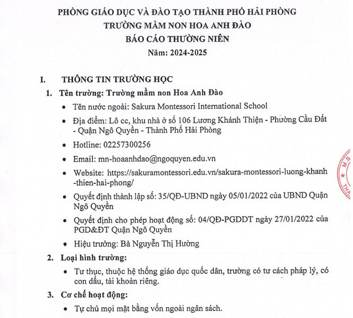 Báo cáo ghi ở tiêu đề ghi cơ quan quản lý là Phòng Giáo dục và Đào tạo Thành phố Hải Phòng. Trong khi đó, địa phương không có Phòng Giáo dục và Đào tạo nào có tên như vậy. Sakura hai phong.jpg