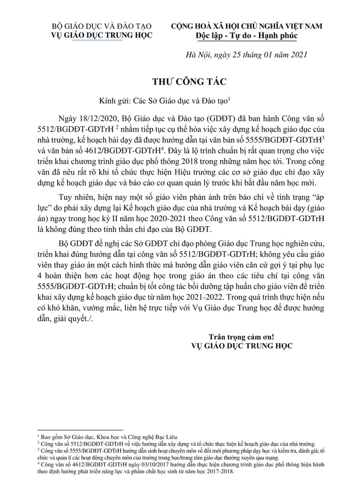 "Thư công tác" ngày 25/1/2021 của Vụ Giáo dục trung học gây nhiều tranh cãi, ảnh tư liệu. "Thư công tác" ngày 25/1/2021 của Vụ Giáo dục trung học gây nhiều tranh cãi, ảnh tư liệu.