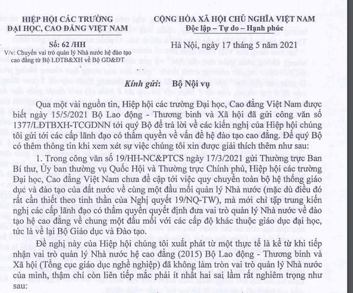 Ảnh chụp văn bản số 62/HH ngày 17/5/2021 của Hiệp hội Các trường đại học, cao đẳng Việt Nam. Ảnh chụp văn bản số 62/HH ngày 17/5/2021 của Hiệp hội Các trường đại học, cao đẳng Việt Nam.