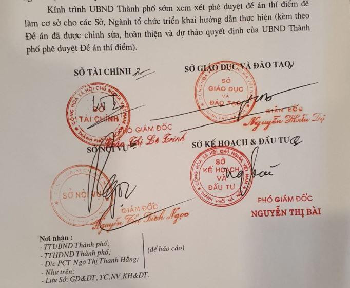 Ảnh chụp một phần trang cuối Tờ trình liên sở số 7139/LS: GD&amp;ĐT-TC-NV-KH&amp;ĐT.