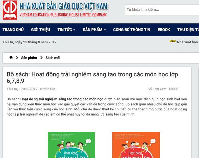 Ảnh chụp màn hình bài giới thiệu bộ sách mới xuất bản của Nhà xuất bản Giáo dục Việt Nam về Hoạt động trải nghiệm sáng tạo, một "hoạt động giáo dục" mới xuất hiện trong chương trình đang xây dựng. Ảnh chụp màn hình bài giới thiệu bộ sách mới xuất bản của Nhà xuất bản Giáo dục Việt Nam về Hoạt động trải nghiệm sáng tạo, một "hoạt động giáo dục" mới xuất hiện trong chương trình đang xây dựng.