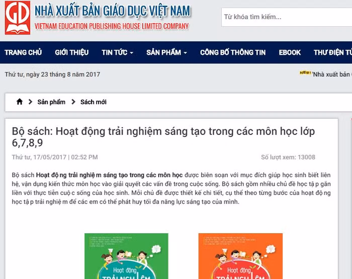 Ảnh chụp màn hình bài giới thiệu bộ sách mới xuất bản của Nhà xuất bản Giáo dục Việt Nam về Hoạt động trải nghiệm sáng tạo, một "hoạt động giáo dục" mới xuất hiện trong chương trình đang xây dựng.