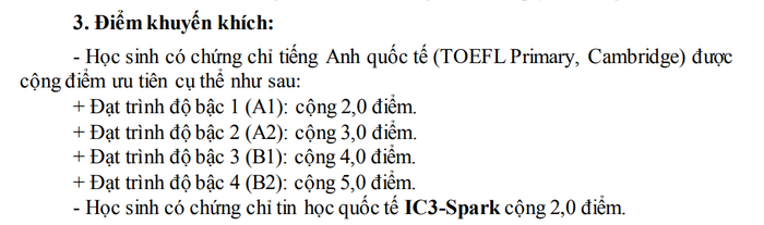 Chi tiết quy định điểm khuyến khích đối với học sinh có chứng chỉ tiếng Anh, Tin học quốc tế của Sở Giáo dục và Đào tạo Vĩnh Phúc. Ảnh cắt màn hình