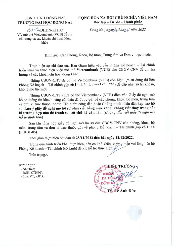 Văn bản của Trường Đại học Đồng Nai. Ảnh Bạn đọc cung cấp