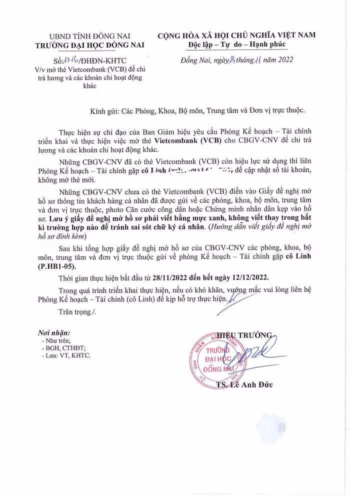 Văn bản của Trường Đại học Đồng Nai. Ảnh Bạn đọc cung cấp