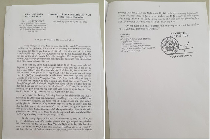Bản sao văn bản của Ủy ban nhân dân tỉnh Hòa Bình gửi Bộ Văn hóa, Thể thao và Du lịch. Ảnh: LC Bản sao văn bản của Ủy ban nhân dân tỉnh Hòa Bình gửi Bộ Văn hóa, Thể thao và Du lịch. Ảnh: LC
