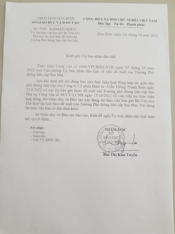 Văn bản của Sở Giáo dục và Đào tạo Hòa Bình. Ảnh: LC Văn bản của Sở Giáo dục và Đào tạo Hòa Bình. Ảnh: LC