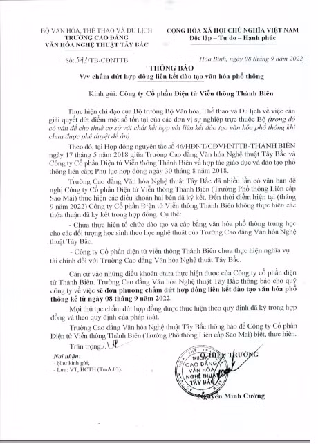 Sở Giáo dục và Đào tạo Hòa bình chưa biết đến việc chấm dứt liên kết đào tạo văn hóa phổ thông giữa Cao đẳng Văn hóa Nghệ thuật Tây Bắc và Công ty điện tử Viễn thông Thành Biên?