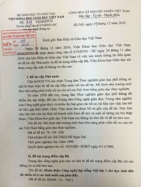Trang 1 Công văn số 719/VKHGDVN. Ảnh: giaoduc.net.vn Trang 1 Công văn số 719/VKHGDVN. Ảnh: giaoduc.net.vn
