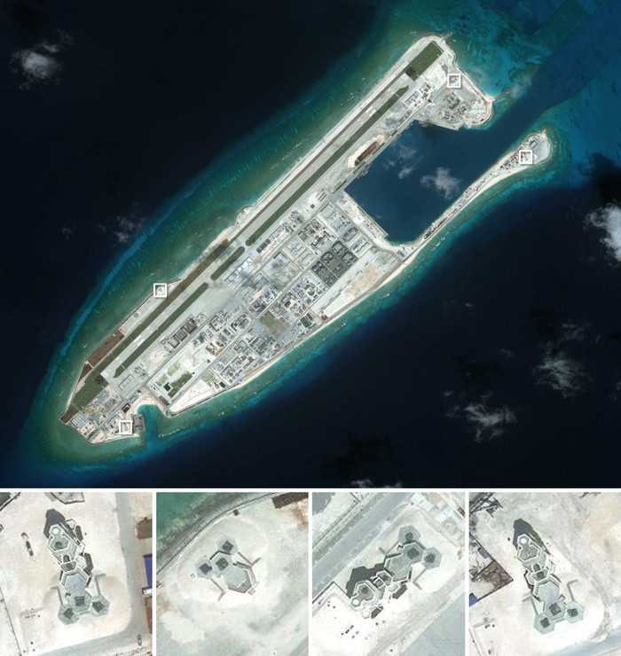 Ảnh chụp đá Chữ Thập ngày 29/11 vừa qua, 4 vị trí đánh dấu bằng ô vuông là nơi Trung Quốc xây dựng ụ súng phòng không, ảnh: The New York Times. Ảnh chụp đá Chữ Thập ngày 29/11 vừa qua, 4 vị trí đánh dấu bằng ô vuông là nơi Trung Quốc xây dựng ụ súng phòng không, ảnh: The New York Times.