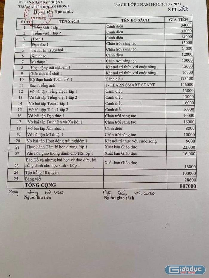 Danh mục sách giáo khoa bán kèm sách tham khảo, vở bài tập lớp 1 Trường tiểu học An Phong quận 8 thành phố Hồ Chí Minh năm học 2020-2021, ảnh: P.L Danh mục sách giáo khoa bán kèm sách tham khảo, vở bài tập lớp 1 Trường tiểu học An Phong quận 8 thành phố Hồ Chí Minh năm học 2020-2021, ảnh: P.L