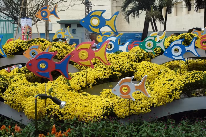 Cá biển "bơi, lội" trên những cụm hoa cúc vàng ngày xuân.