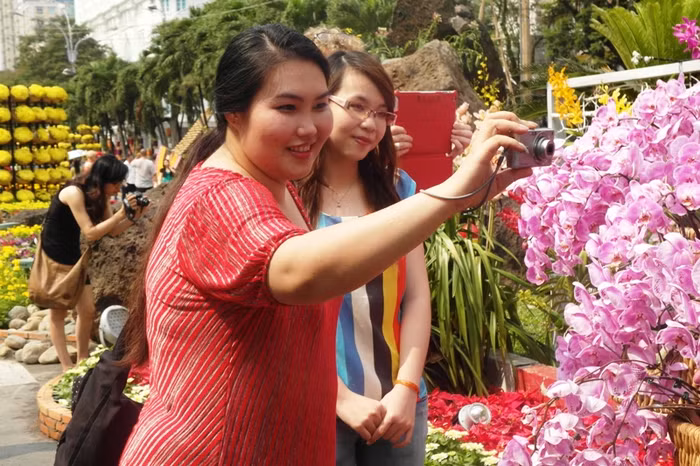 Hai cô gái thích thú chụp ảnh hoa lan tím.