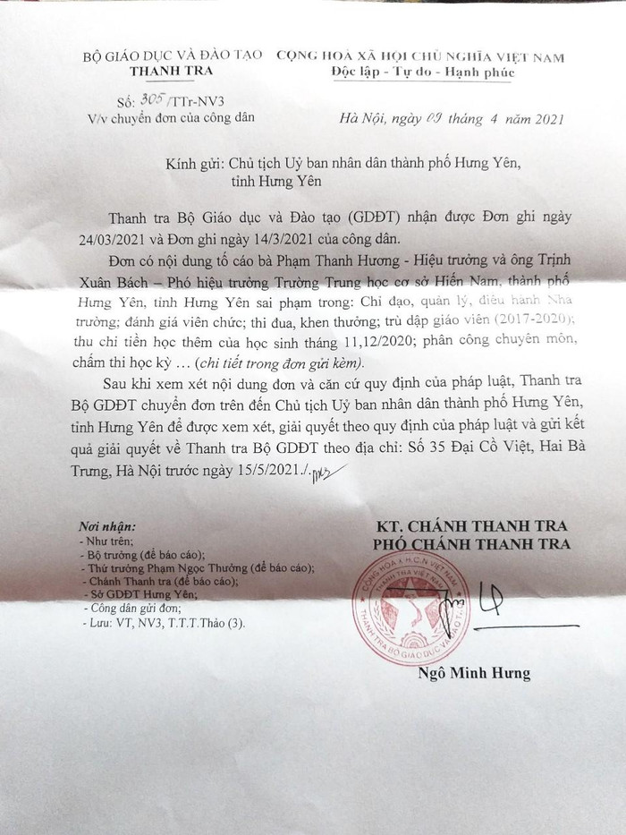 Thanh tra Bộ Giáo dục và Đào tạo yêu cầu gửi kết quả giải quyết trước ngày 15/5, đến ngày 20/5 cô T.T.L chưa nhận được thông tin nào. Ảnh: NVCC Thanh tra Bộ Giáo dục và Đào tạo yêu cầu gửi kết quả giải quyết trước ngày 15/5, đến ngày 20/5 cô T.T.L chưa nhận được thông tin nào. Ảnh: NVCC