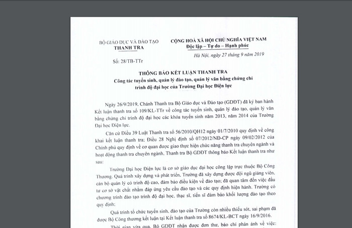 Sai phạm nối tiếp sai phạm tại trường Đại học Điện Lực. (Ảnh chụp màn hình kiết luận thanh tra của Bộ Giáo dục và Đào tạo)