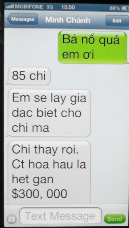 Minh Chánh cho biết đã bán giải Hoa hậu Phu nhân Người Việt Thế giới cho Thu Hoài giá 85.000 USD và sẽ tính giá "đặc biệt" cho bà Nhi, nếu bà đi thi Hoa hậu Phu nhân Người Việt Thế giới lần tới.