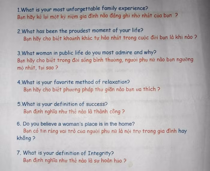 Bảng câu hỏi "ứng xử" thể hiện... trí tuệ của thí sinh trong đêm chung kết, được Ban tổ chức phát trước cho các thí sinh để họ học thuộc lòng phần trả lời!