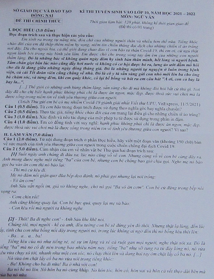 Đề thi môn Ngữ Văn vào lớp 10 của Đồng Nai. Ảnh: Hữu Đức Đề thi môn Ngữ Văn vào lớp 10 của Đồng Nai. Ảnh: Hữu Đức