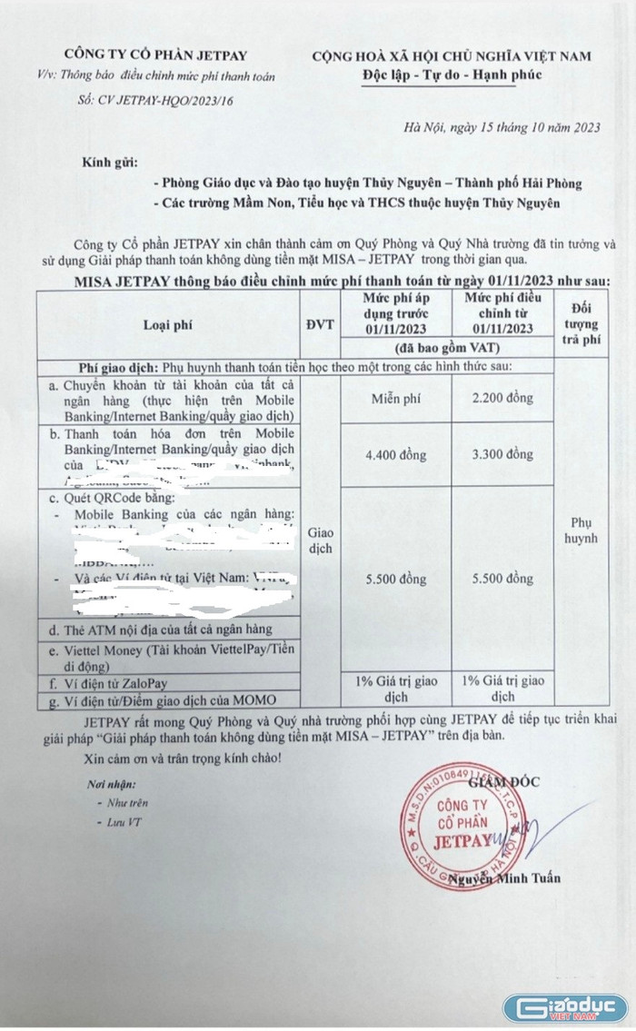 Thông báo điều chỉnh mức thu phí của Công ty Cổ phần JETPAY (Ảnh: LT) Thông báo điều chỉnh mức thu phí của Công ty Cổ phần JETPAY (Ảnh: LT)