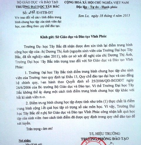 Công văn của Trường ĐH Tây Bắc gửi Sở GD&ĐT Vĩnh Phúc, trong đó đề nghị Sở làm đúng quy định. Ảnh Xuân Trung Công văn của Trường ĐH Tây Bắc gửi Sở GD&ĐT Vĩnh Phúc, trong đó đề nghị Sở làm đúng quy định. Ảnh Xuân Trung