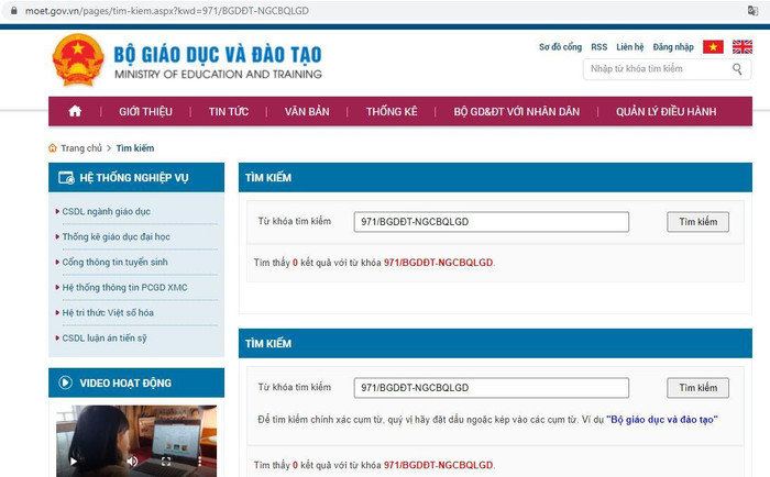 Ảnh chụp màn hình kết quả tìm kiếm công văn 971/BGDĐT-NGCBQLGD trên cổng thông tin điện tử Bộ Giáo dục và Đào tạo.