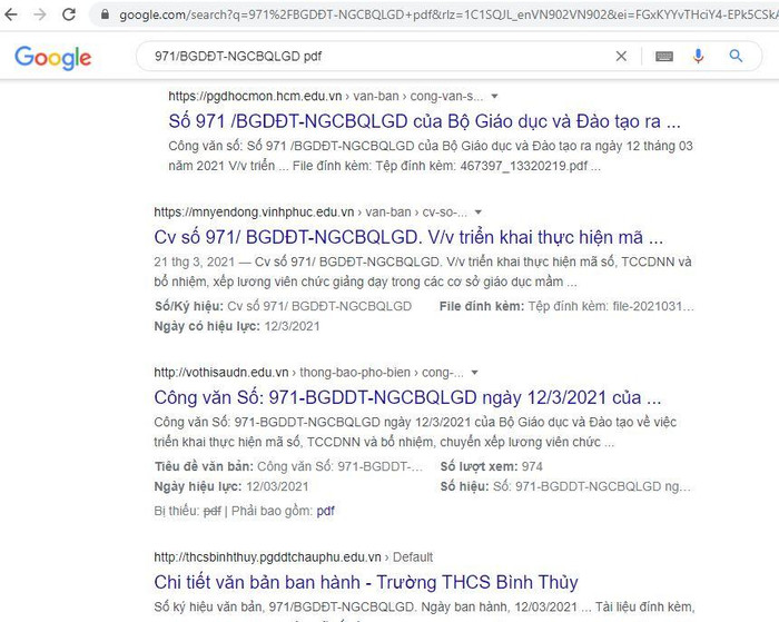 Kết quả tìm kiếm Công văn 971/BGDĐT-NGCBQLGD trên Google.