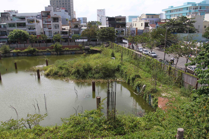 Hiện toàn bộ dự án như một cái…ao. Nước, cỏ, rác…bủa vây dự án