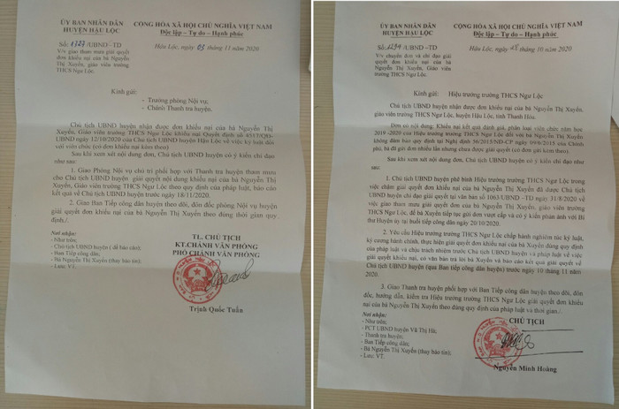 Các văn bản của Ủy ban nhân dân huyện Hậu Lộc yêu cầu Hiệu trưởng trường Trung học cơ sở Ngư Lộc giải quyết các vấn đề kỷ luật đối với giáo viên Nguyễn Thị Xuyến. Ảnh: LC Các văn bản của Ủy ban nhân dân huyện Hậu Lộc yêu cầu Hiệu trưởng trường Trung học cơ sở Ngư Lộc giải quyết các vấn đề kỷ luật đối với giáo viên Nguyễn Thị Xuyến. Ảnh: LC