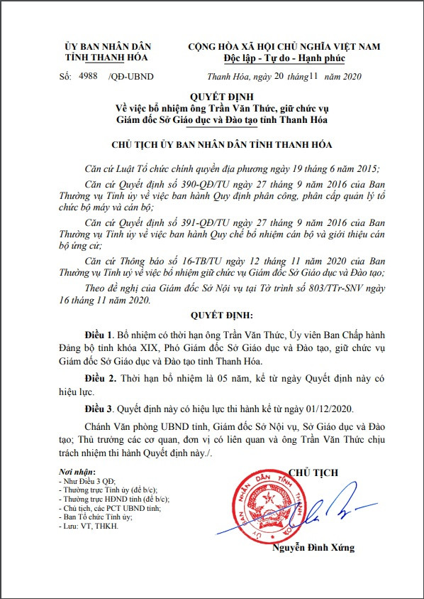 Quyết định Bổ nhiệm Giám đốc Sở Giáo dục và Đào tạo Thanh Hóa. Nguồn: https://qppl.thanhhoa.gov.vn/ Quyết định Bổ nhiệm Giám đốc Sở Giáo dục và Đào tạo Thanh Hóa. Nguồn: https://qppl.thanhhoa.gov.vn/