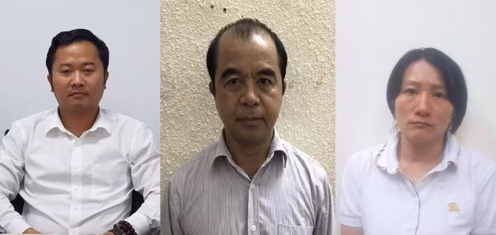 Các bị can Dương Văn Hòa, Trần Ngọc Quang, Phạm Vân Thùy. Ảnh: Bộ Công An.