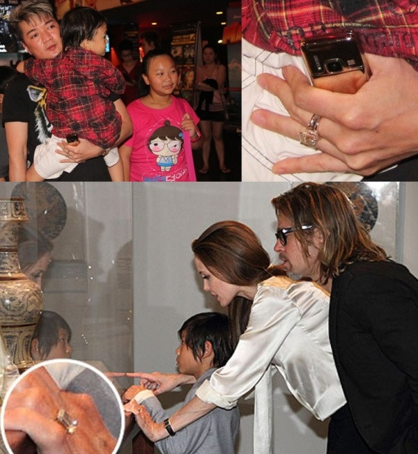 Phóng viên đã “chộp” được hình ảnh Mr Đàm bồng bế con trai nuôi đi xem phim tại TP.HCM cách đây vài ngày. Ngoài sự tương đồng về chiếc nhẫn, giữa Mr Đàm và Angeline Jolie còn chung lòng yêu thương trẻ. Mr Đàm cũng nhận hai đứa trẻ làm con nuôi như vợ chồng "ông bà Smith"