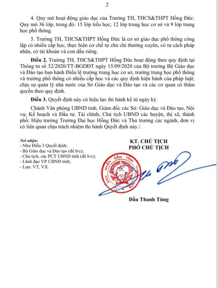 Quyết định của Ủy ban nhân dân tỉnh Thanh Hóa về thành lập Trường tiểu học, trung học cơ sở và trung học phổ thông Hồng Đức. Ảnh chụp màn hình Quyết định của Ủy ban nhân dân tỉnh Thanh Hóa về thành lập Trường tiểu học, trung học cơ sở và trung học phổ thông Hồng Đức. Ảnh chụp màn hình