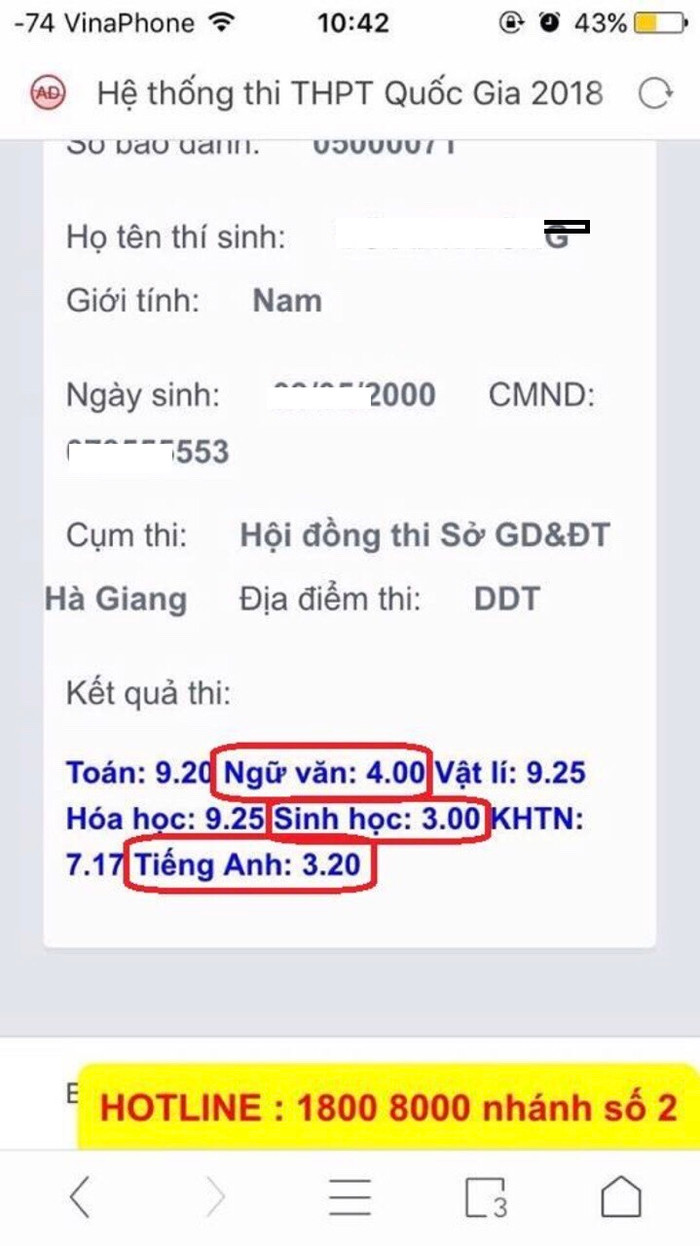 Thí sinh có điểm thi chênh lệch bất thường khiến nhiều phụ huynh đặt ra nghi vấn (Ảnh: Phụ huynh học sinh cung cấp)