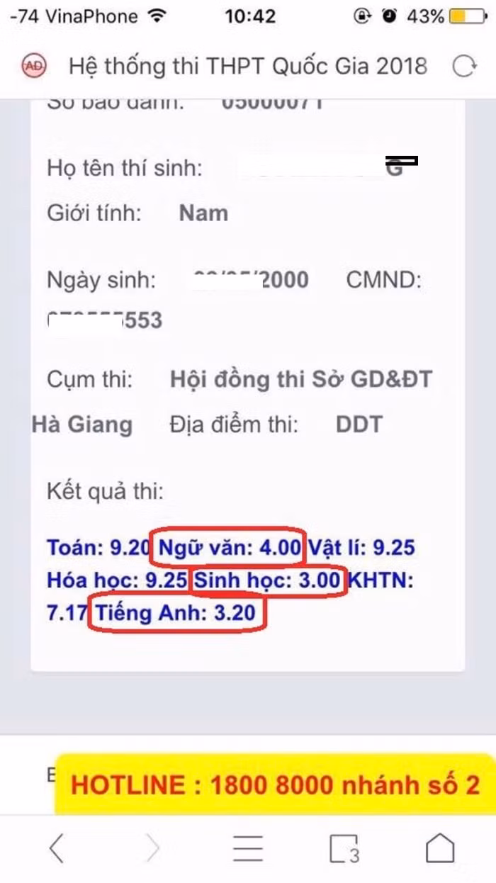 Thí sinh có điểm thi chênh lệch bất thường khiến nhiều phụ huynh đặt ra nghi vấn (Ảnh: Phụ huynh học sinh cung cấp) Thí sinh có điểm thi chênh lệch bất thường khiến nhiều phụ huynh đặt ra nghi vấn (Ảnh: Phụ huynh học sinh cung cấp)
