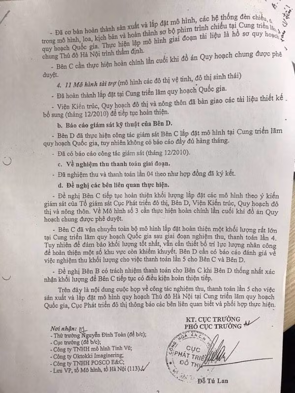 Kết luận cuộc họp về công tác nghiệm thu và thanh toán lần 5 cho việc sản xuất và lắp đặt mô hình quy hoạch Thủ đô Hà Nội có bút phê chỉ đạo của Thứ trưởng Bộ Xây dựng Nguyễn Đình Toàn. Kết luận cuộc họp về công tác nghiệm thu và thanh toán lần 5 cho việc sản xuất và lắp đặt mô hình quy hoạch Thủ đô Hà Nội có bút phê chỉ đạo của Thứ trưởng Bộ Xây dựng Nguyễn Đình Toàn.