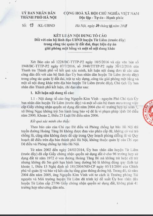 Ngày 24/2/2017, Ủy ban nhân dân thành phố Hà Nội đã ban hành Kết luận số 19/KL-UBND cũng nêu nhiều sai phạm của ông Lê Văn Thư.
